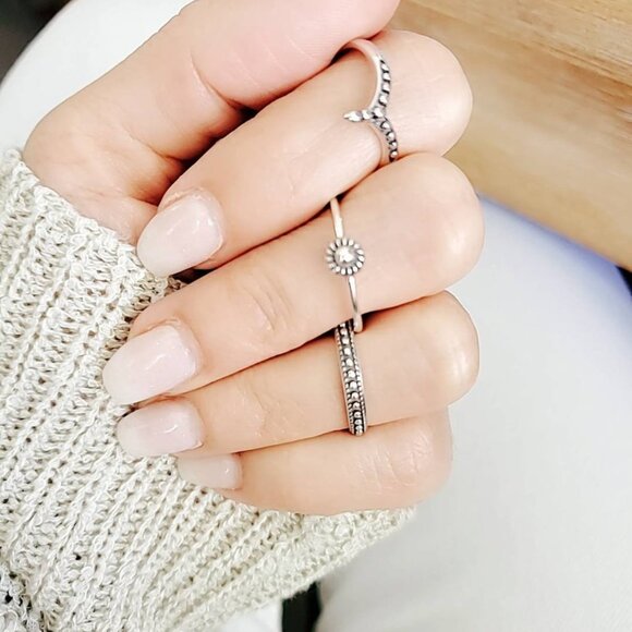 Sterling Silver 3 Ring Set, Beaded Chevron, Band, Flower 925 Women Ring, - Picture 8 of 10